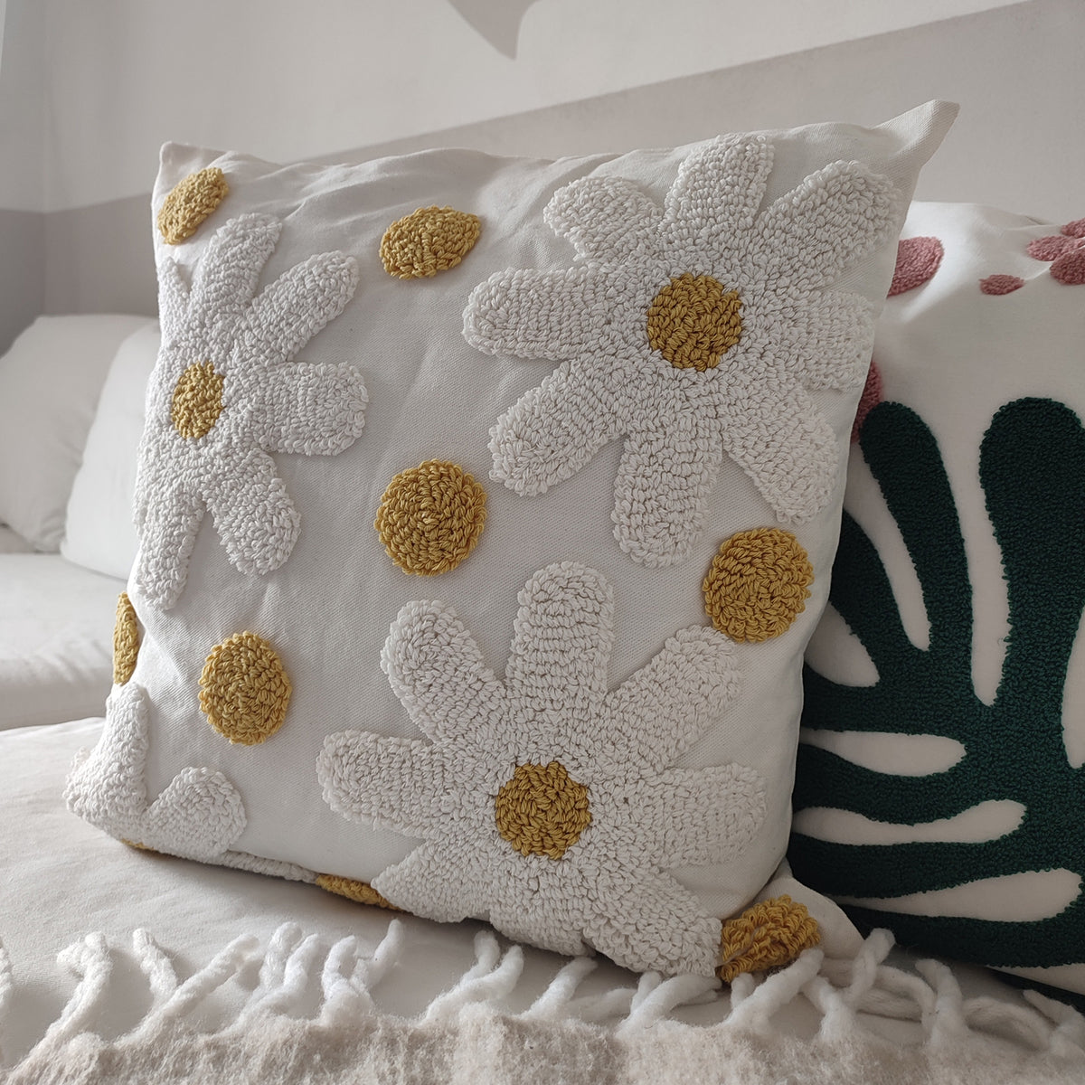 Fodera cuscino Flower, bianco, con margherite, vista laterale, BECCA