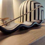 Porta incenso Wave nero, su ripiano con vaso a righe bianco e nero, BECCA