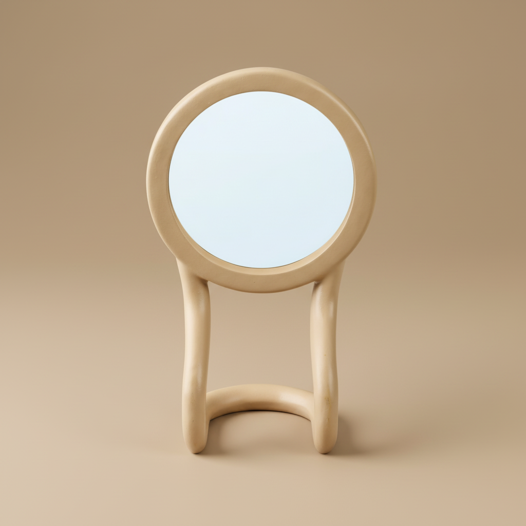 Specchio da tavolo RORRI beige con specchio tondo e base scultorea, vista frontale