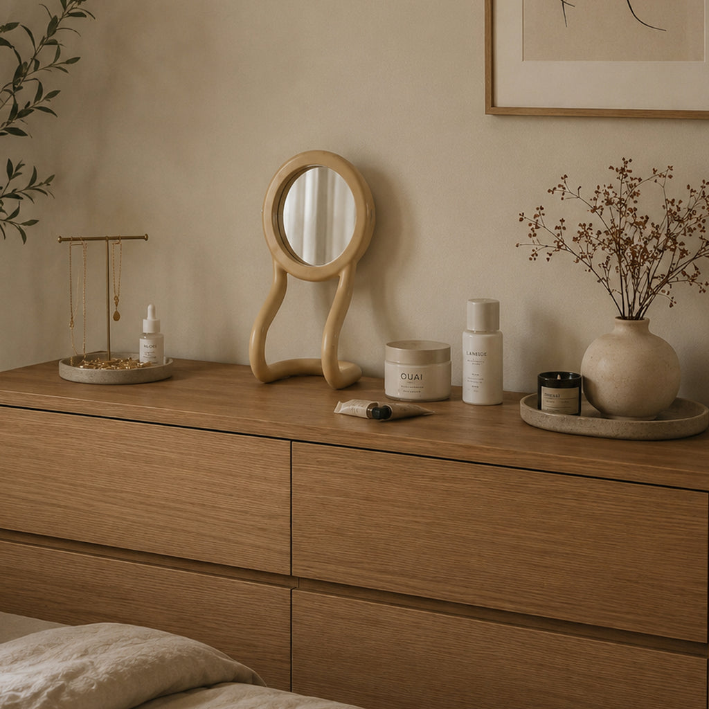 Specchio RORRI su cassettiera in legno con accessori beauty, stile minimal