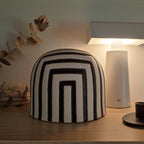 Vaso in ceramica bianco e nero, su ripiano in legno, luce soffusa, lampada bianca, fiori secchi, BECCA