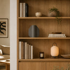 Vaso TOO POT grigio in contesto libreria in legno con libri e oggetti decorativi, BECCA
