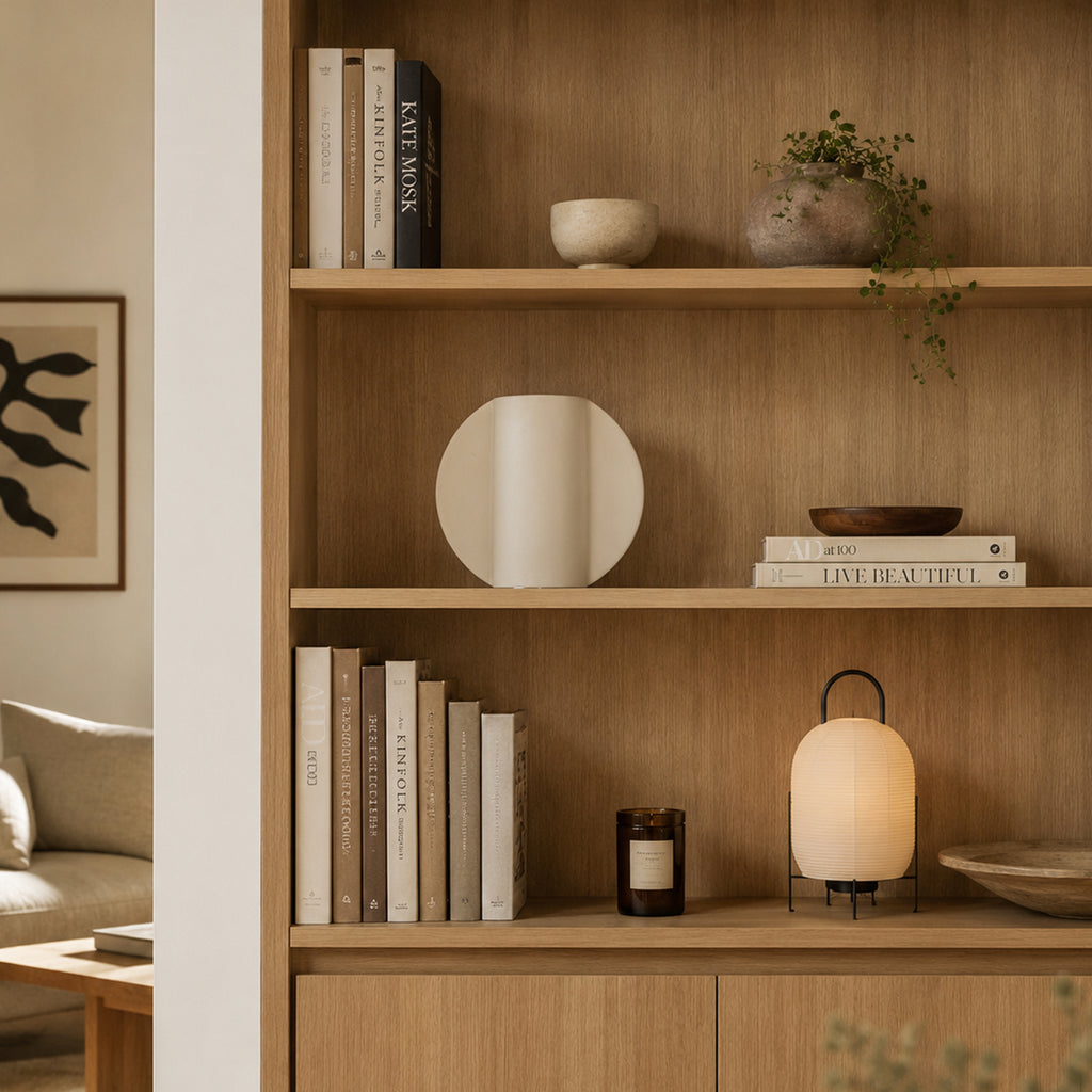 Vaso TOO POT bianco su scaffale libreria in legno naturale con decorazioni minimal, BECCA